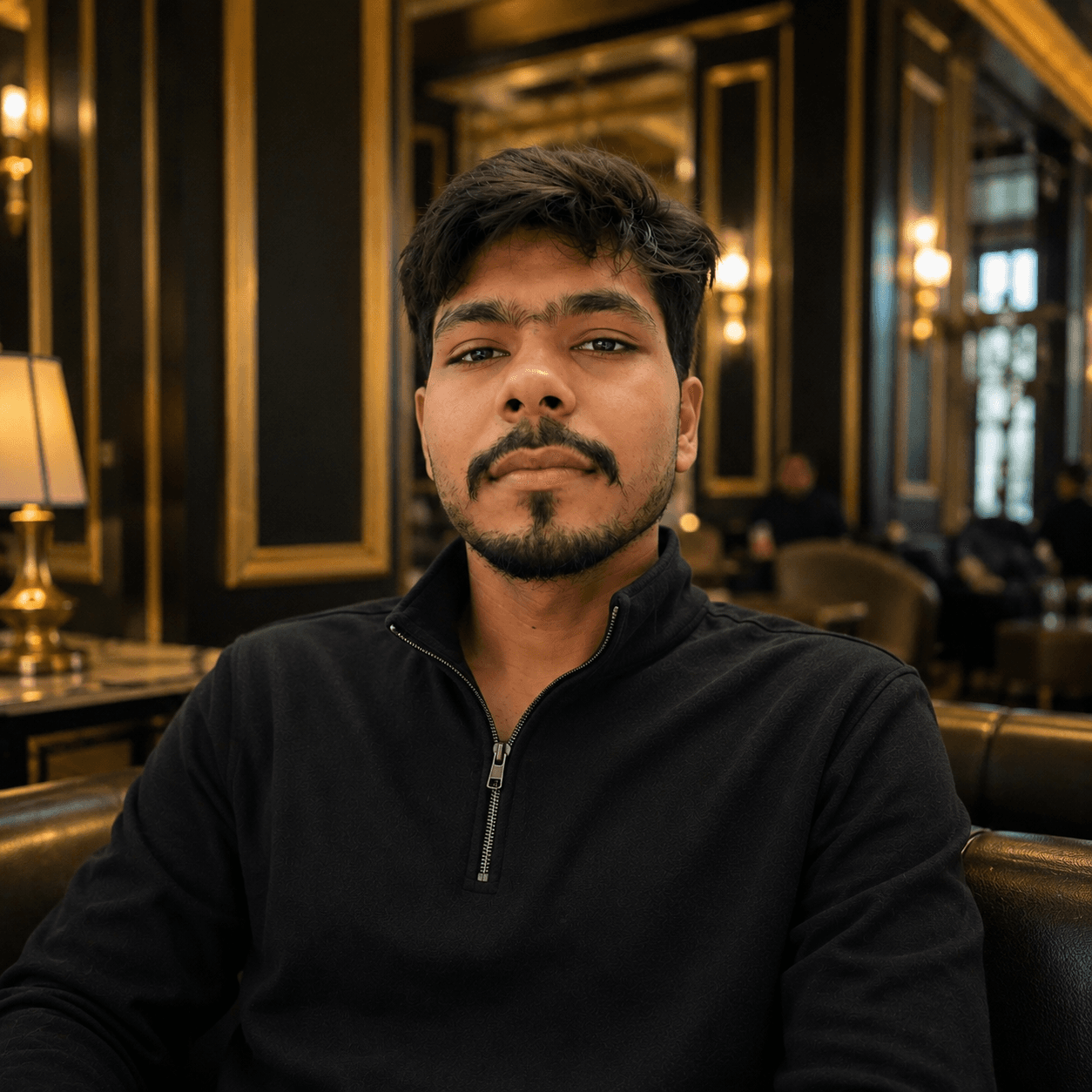 Haris, who leads development at ClarifyADA, seated in a wood-panelled lounge in a black quarter-zip pullover.